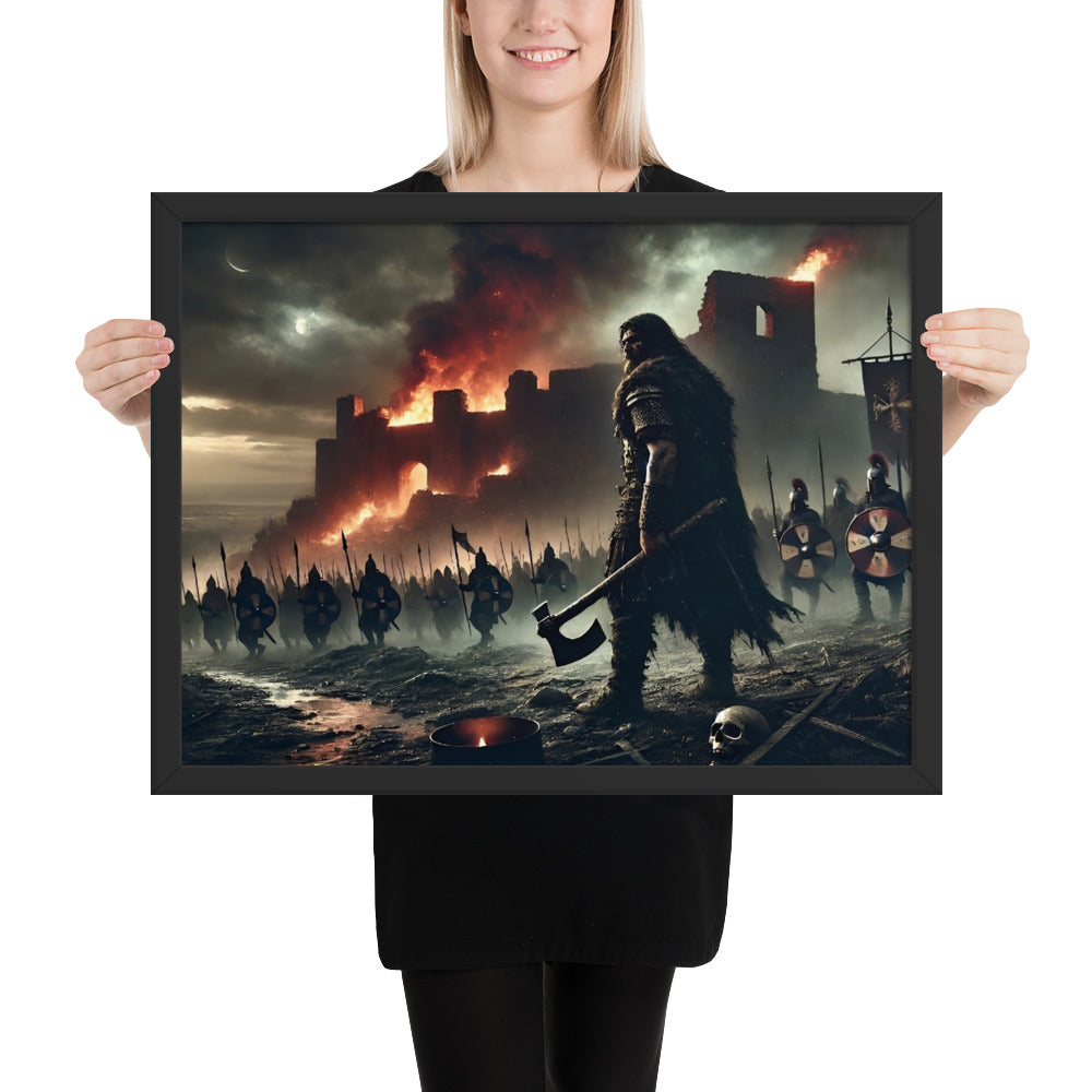 Framed ancient warfare artwork of a Germanic warlord amid smoldering Roman ruins
