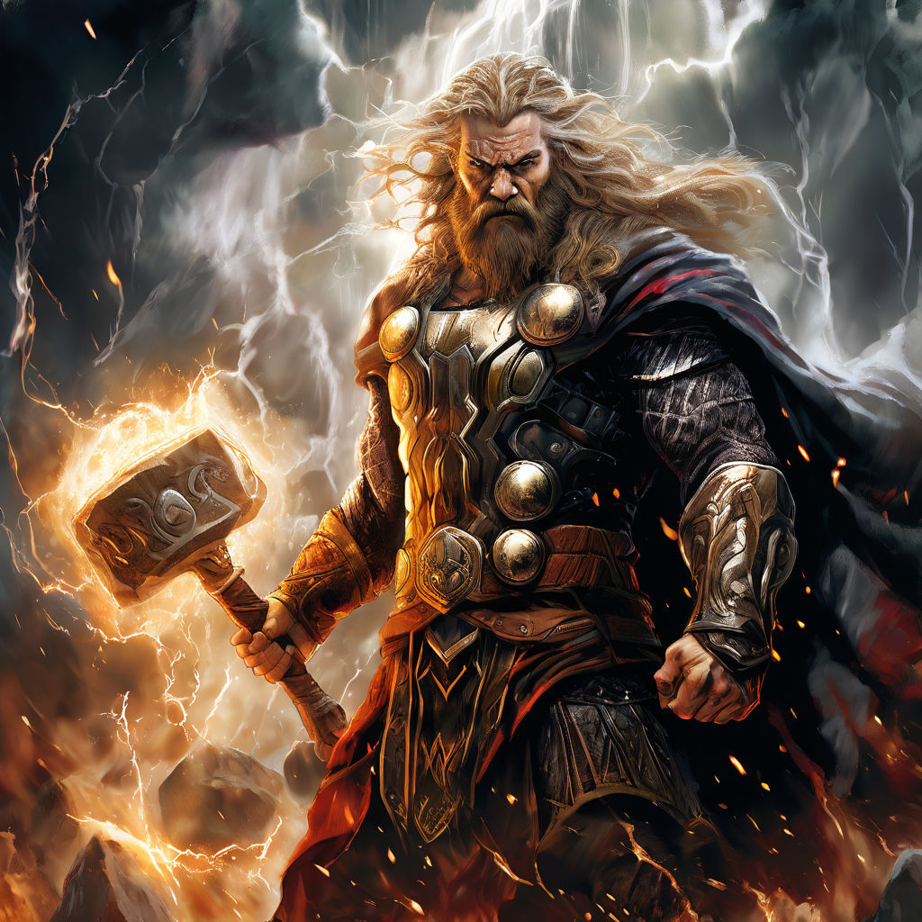 Framed Norse god wall art depicting Thor holding Mjölnir in a lightning storm