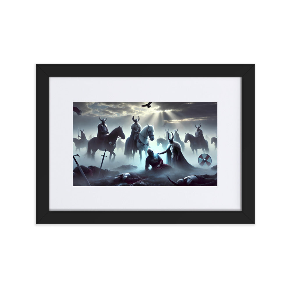Mythic Viking wall art of Valkyries selecting fallen warriors in a fog-covered battlefield