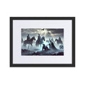 Framed Viking artwork depicting Valkyries on horseback among fallen warriors and shields