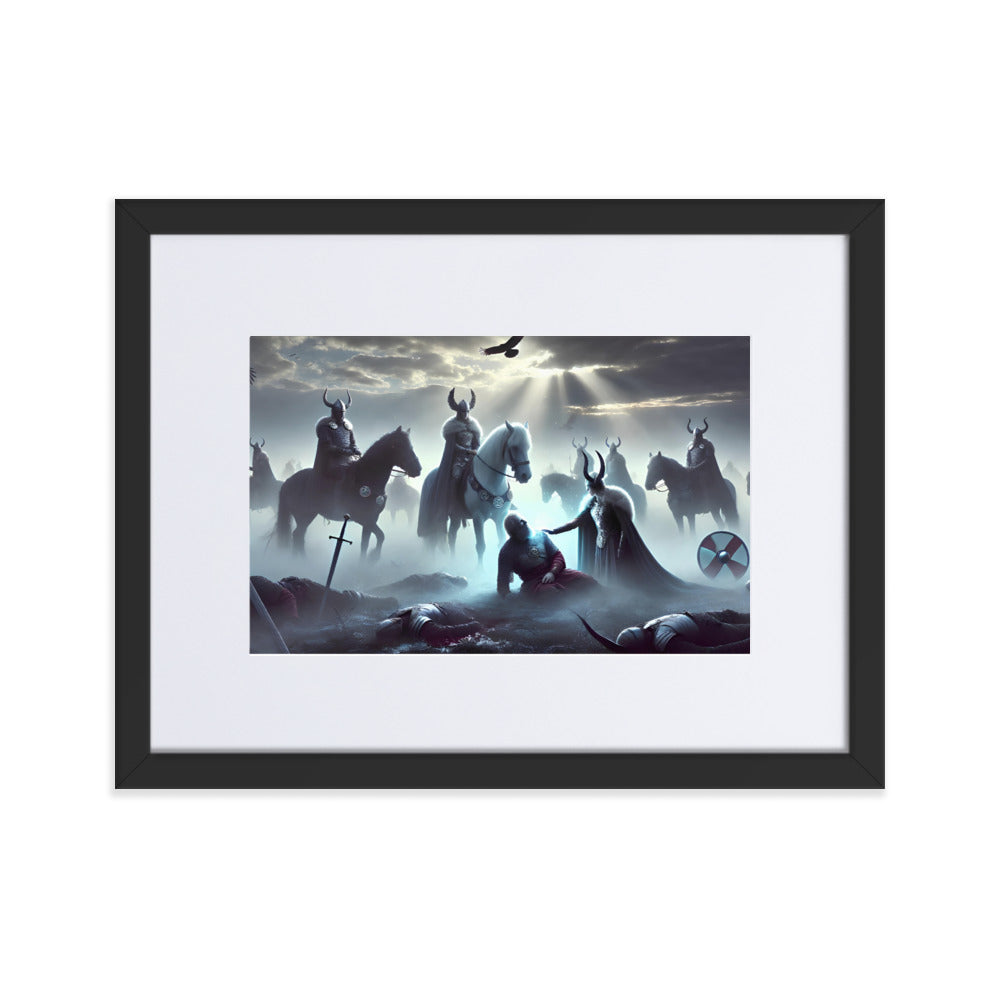 Framed Viking artwork depicting Valkyries on horseback among fallen warriors and shields