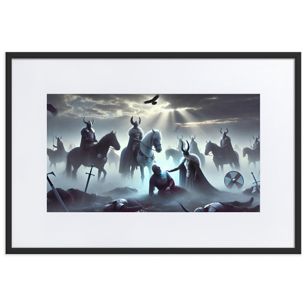 Viking Valkyrie wall art with winged shieldmaidens choosing the slain beneath dark skies