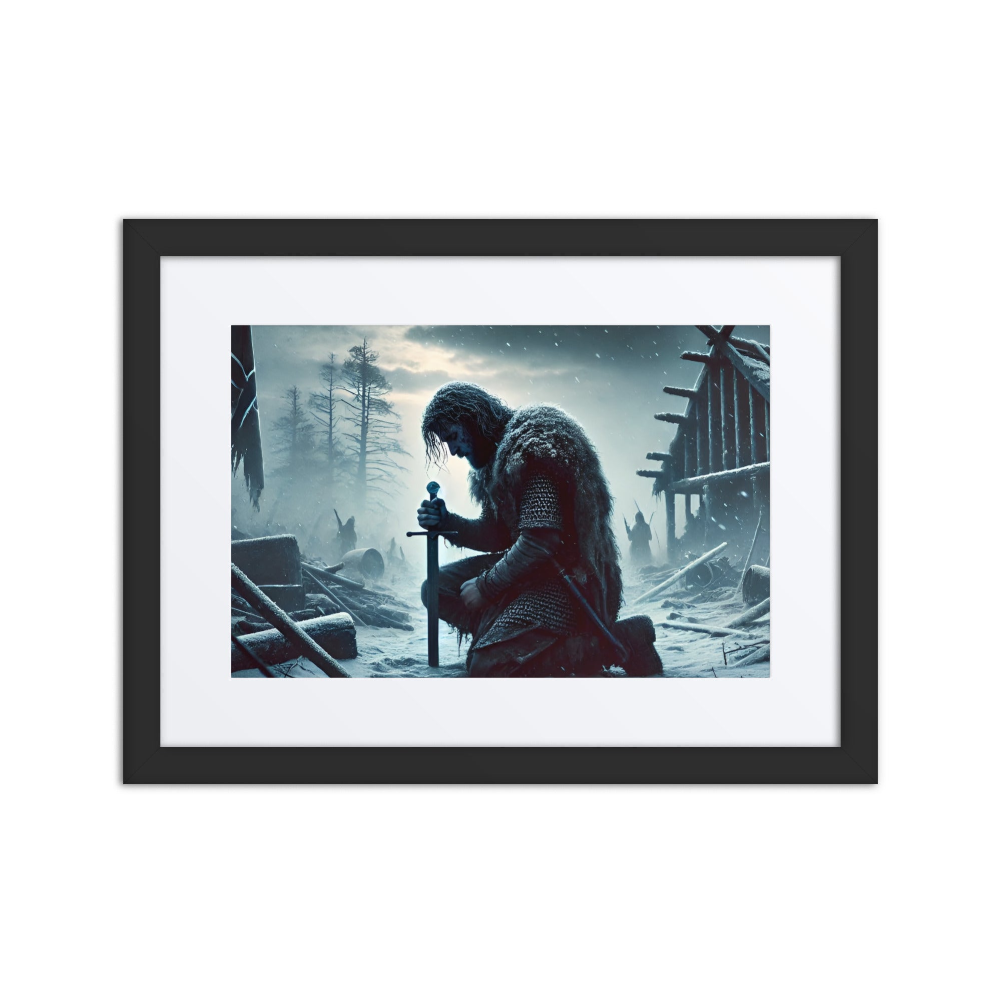 Framed Viking poster capturing loss and endurance after battle, warrior in frozen ruins