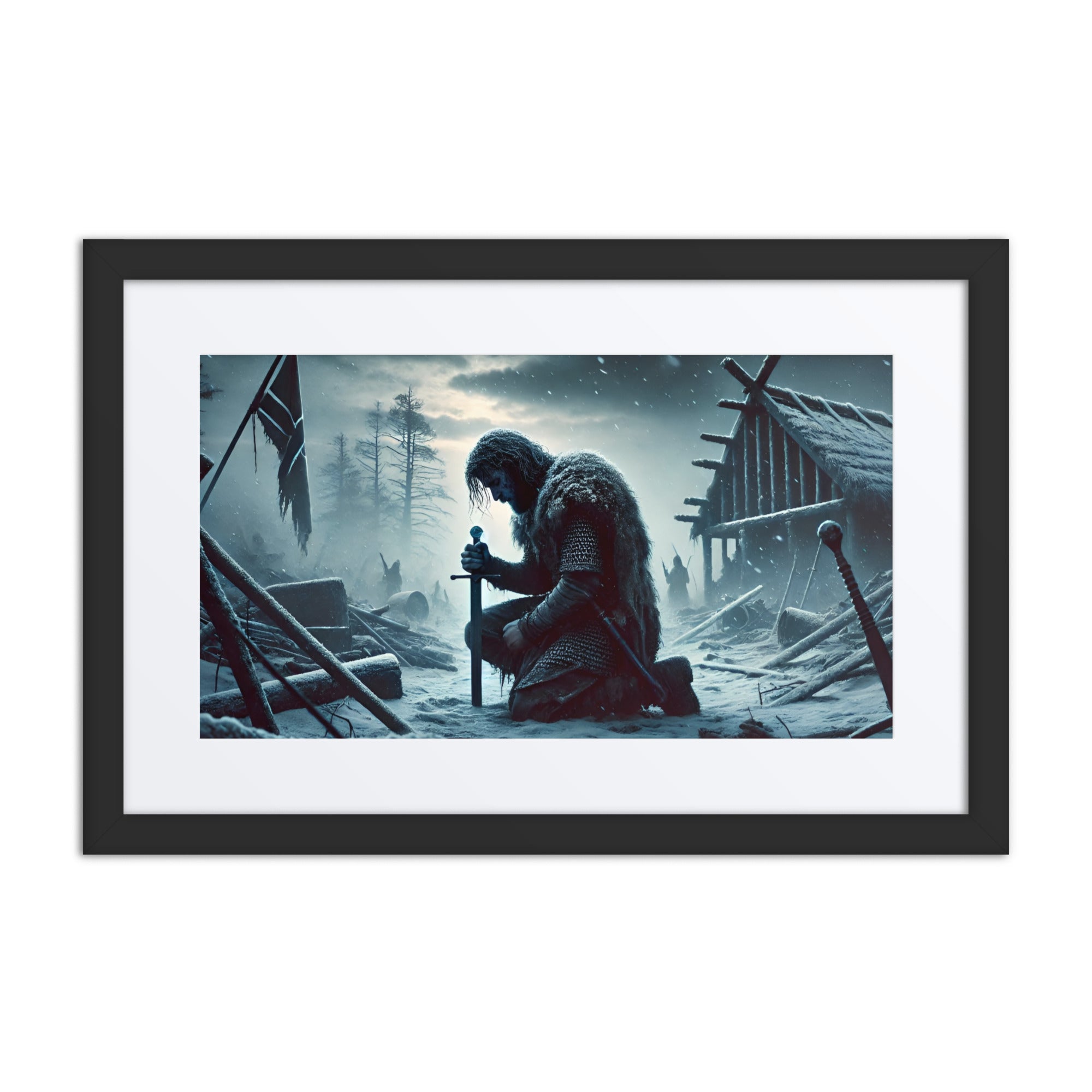 Norse mythology wall art of a Viking kneeling with sword in snow among burned buildings