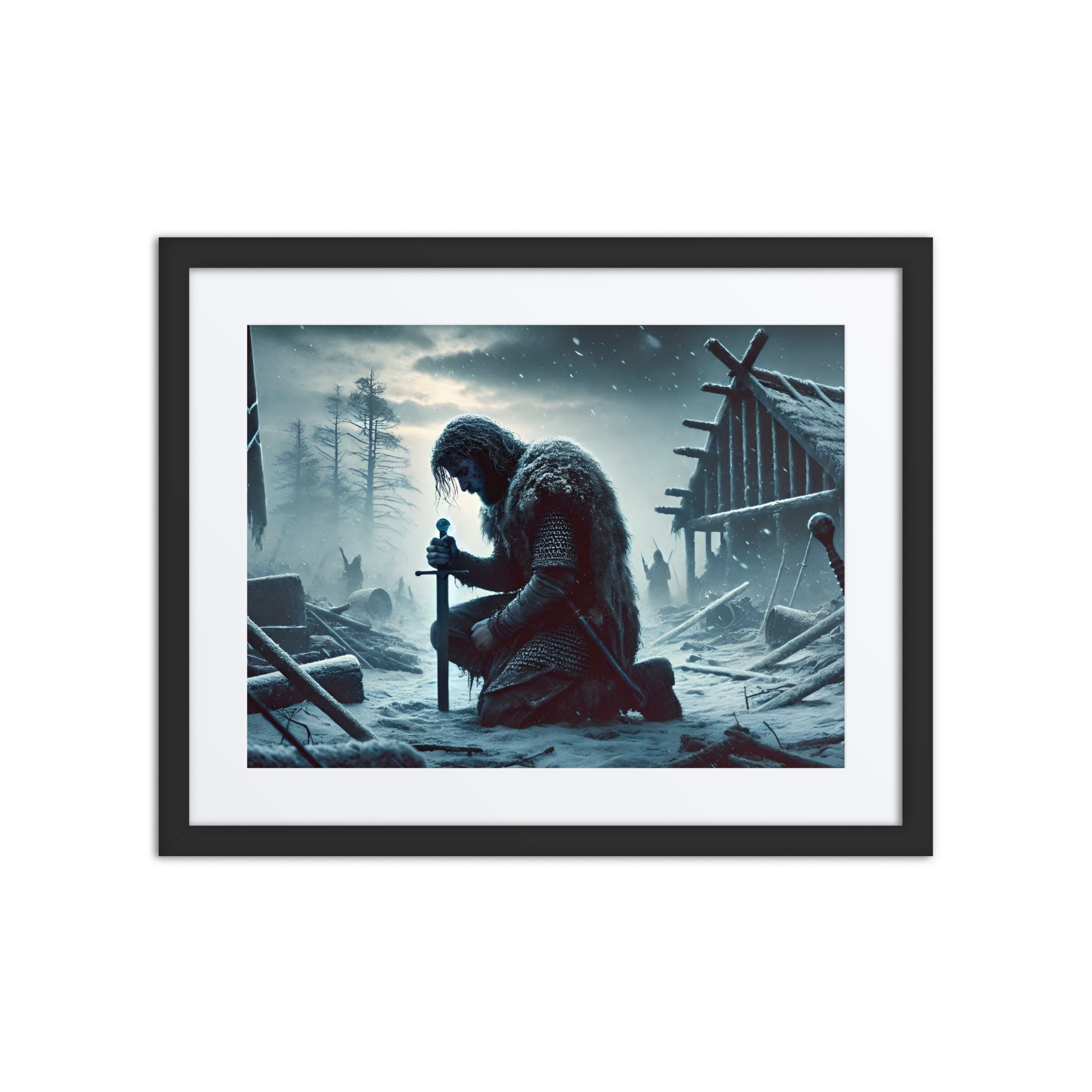 Viking saga wall art portraying a warrior’s return to a destroyed settlement, dramatic winter scene
