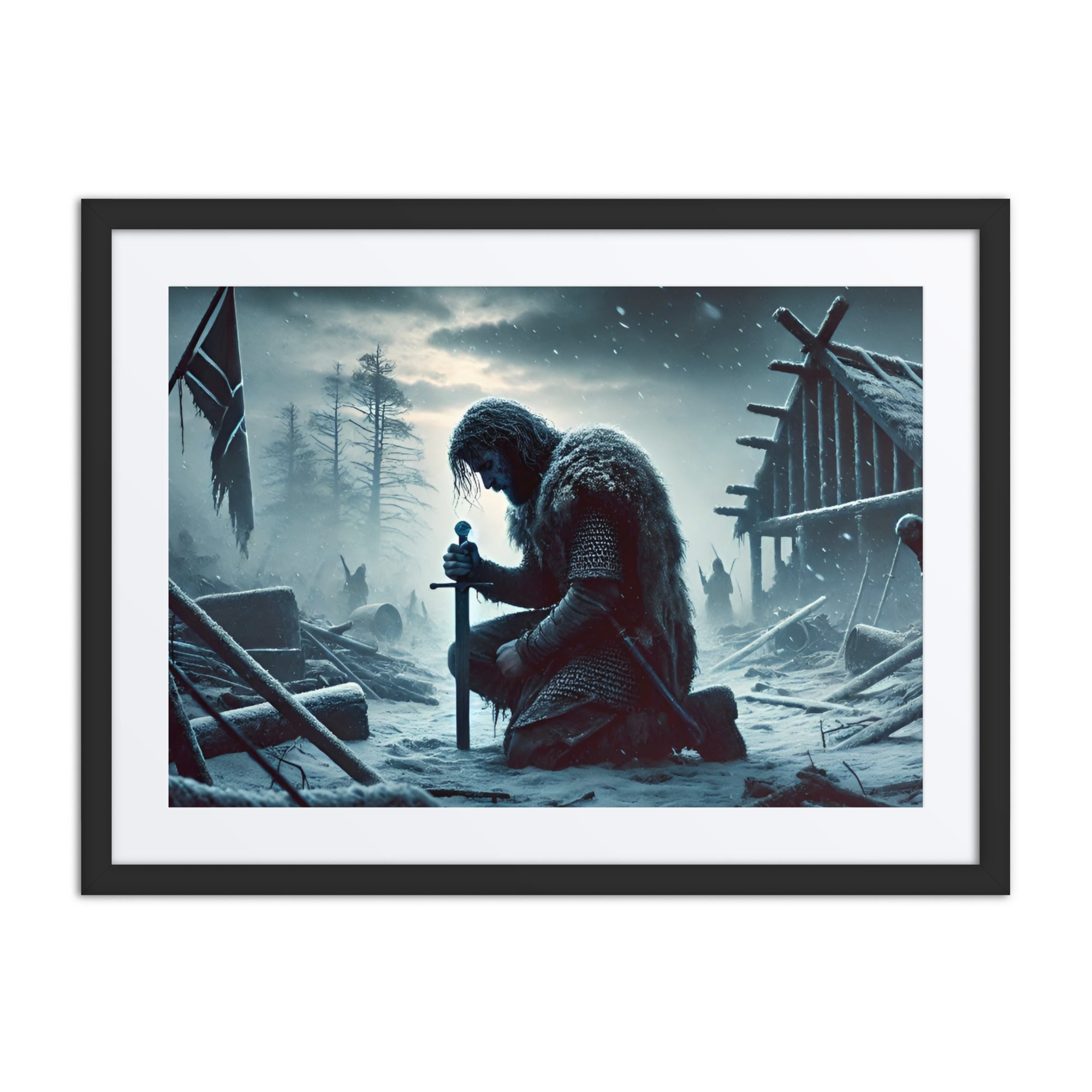 Viking warrior artwork depicting a lone fighter returning to a ruined homestead, Norse saga scene