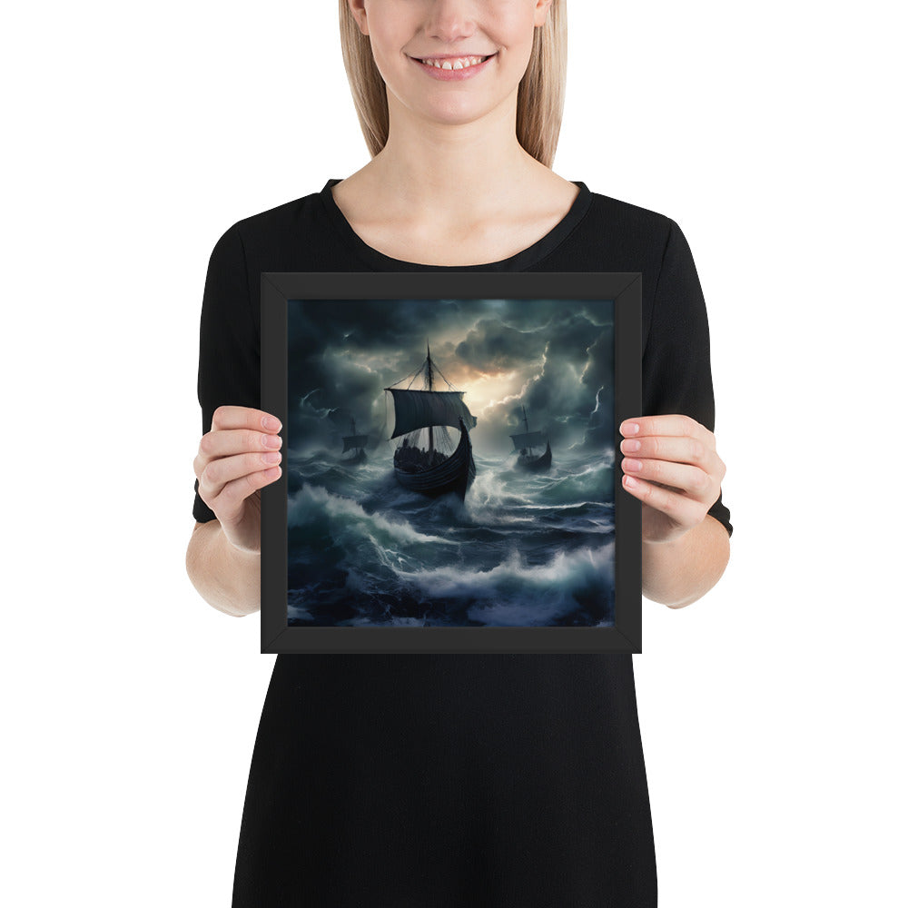Norse mythology wall decor showing Viking longships under lightning and heavy waves