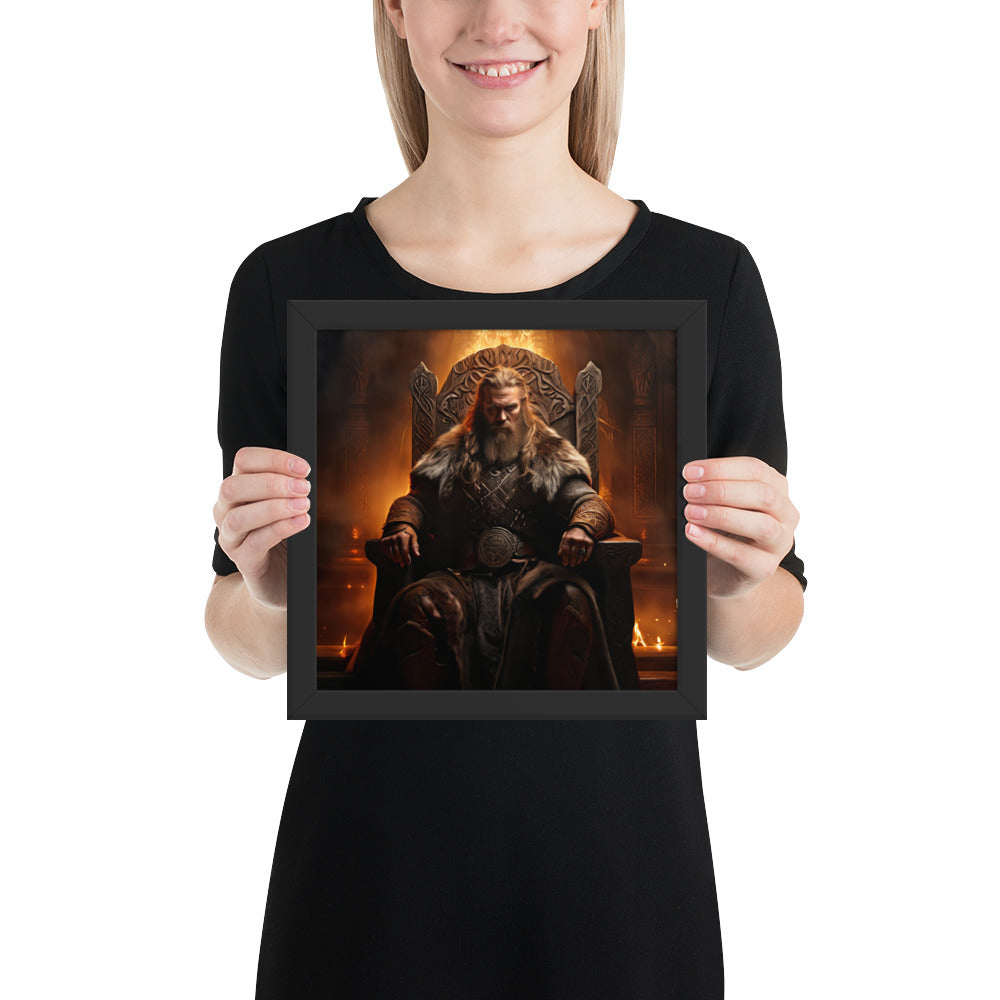 Framed Viking history artwork of a Norse leader ruling from his hall