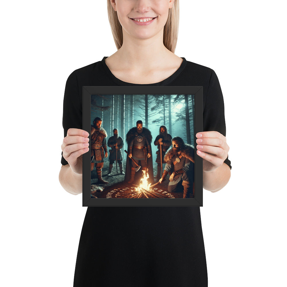 Norse mythology rune art print with warriors invoking elder symbols