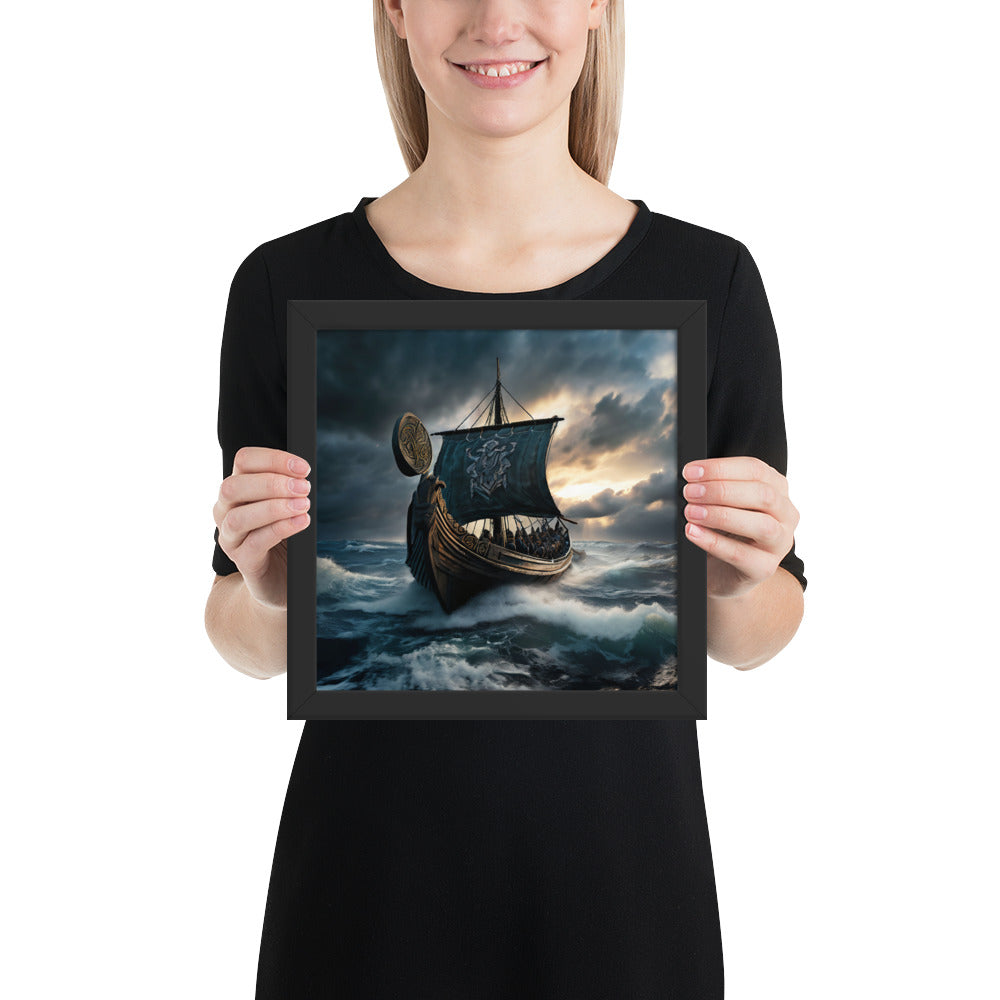Viking naval battle art print with longship, warriors, and raging storm