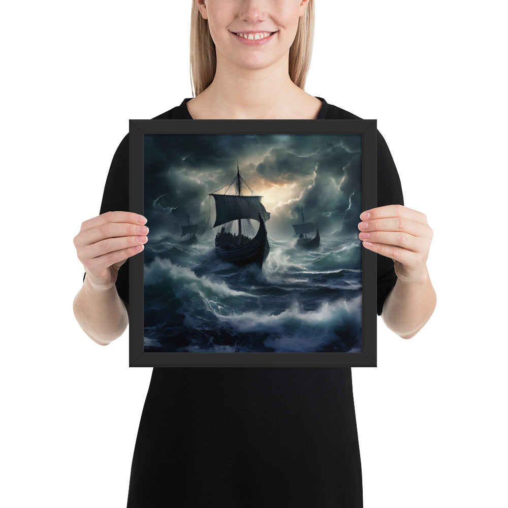 Viking storm voyage framed print symbolizing courage and endurance at sea
