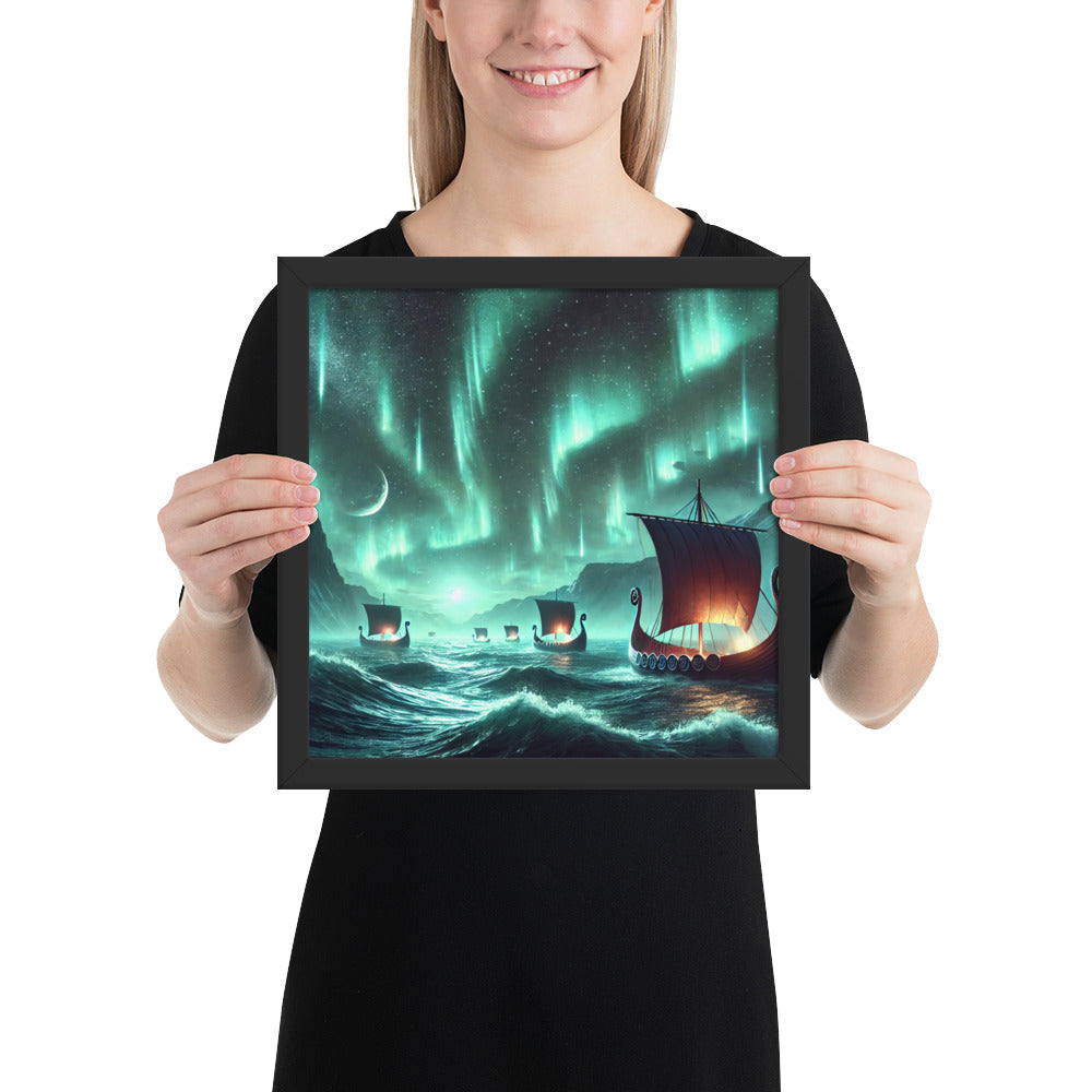 Norse seafaring wall art inspired by aurora borealis and Viking voyages