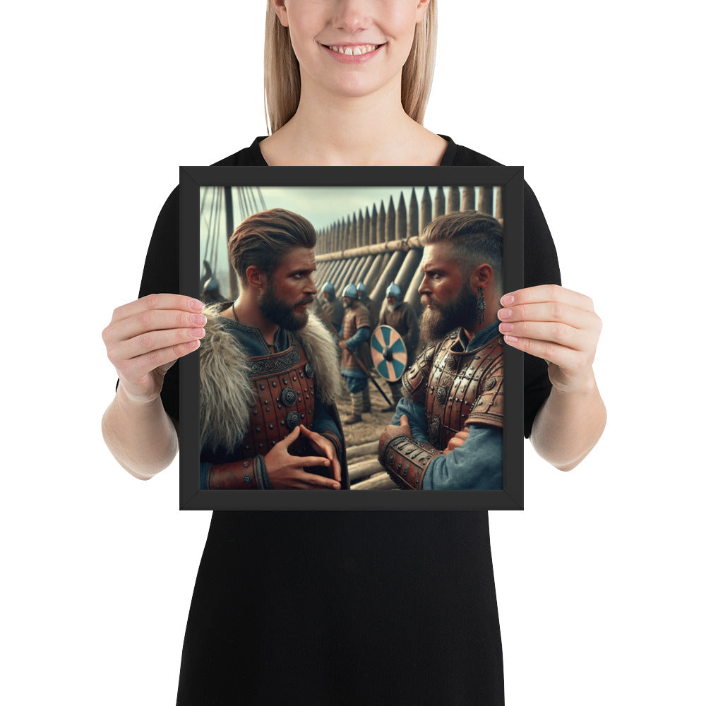 Viking leadership wall decor featuring chieftains beneath wooden palisades