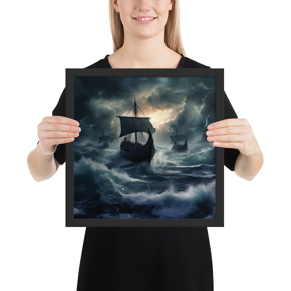 Norse seafaring wall art featuring Viking fleet advancing through tempest