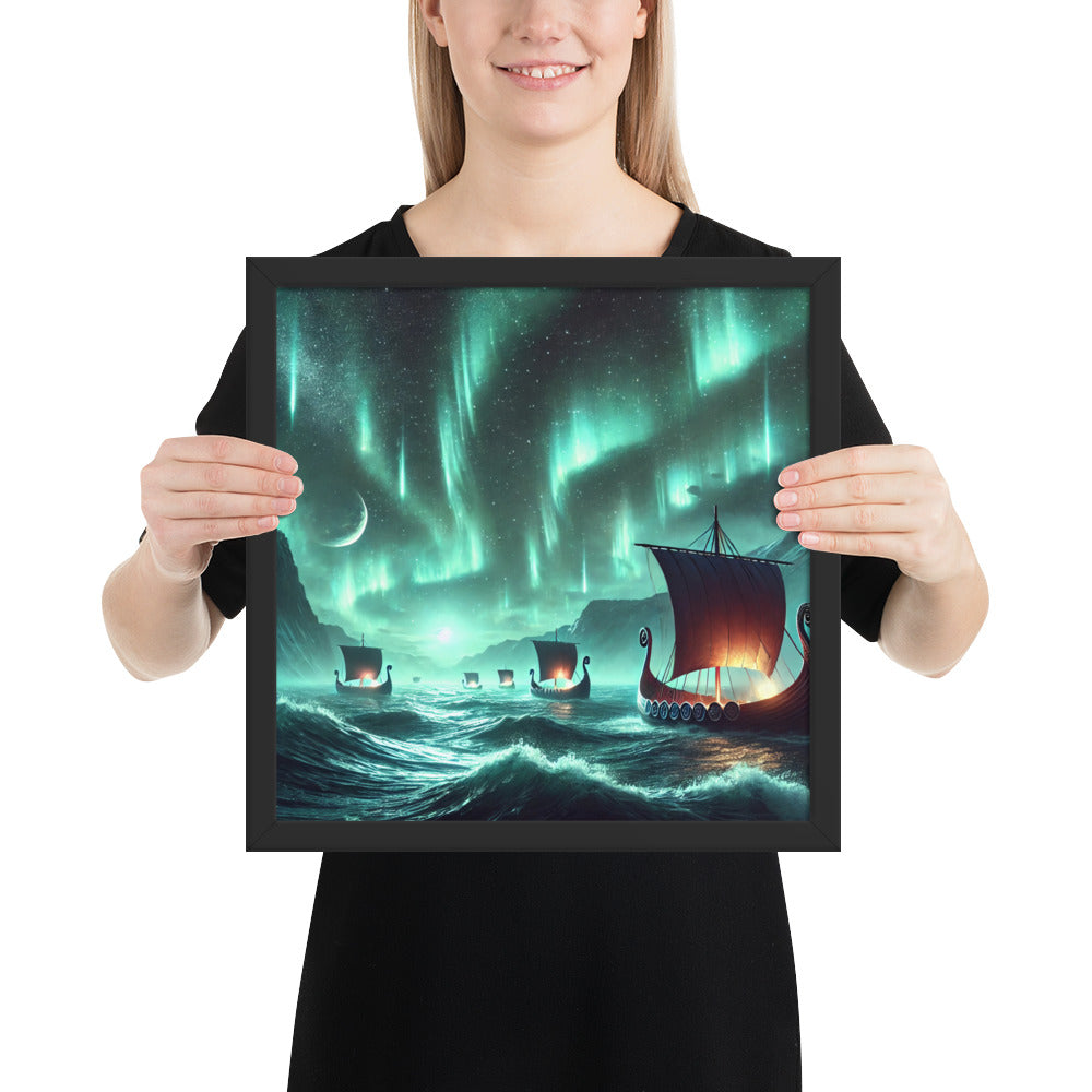 Norse seafaring wall art inspired by aurora borealis and Viking voyages