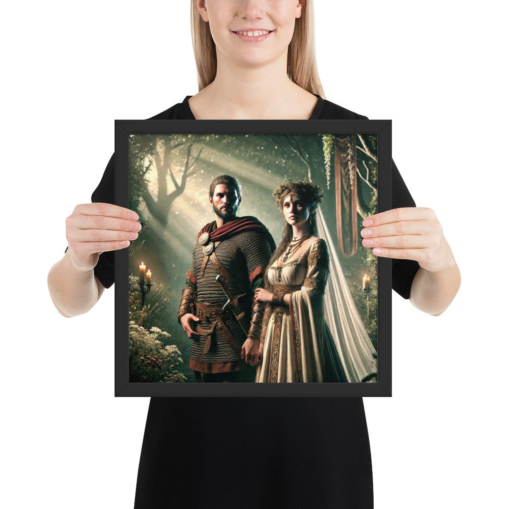 Viking ceremony wall art portraying a bride and groom before firelight and pines