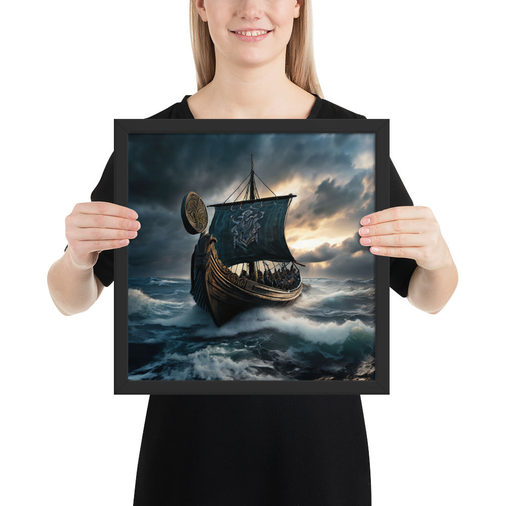 Norse mythology wall art featuring runic sail and sea battle scene