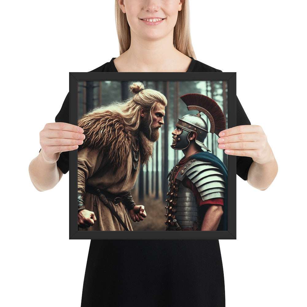 Historical warrior art print featuring Roman soldier and Germanic warrior clash