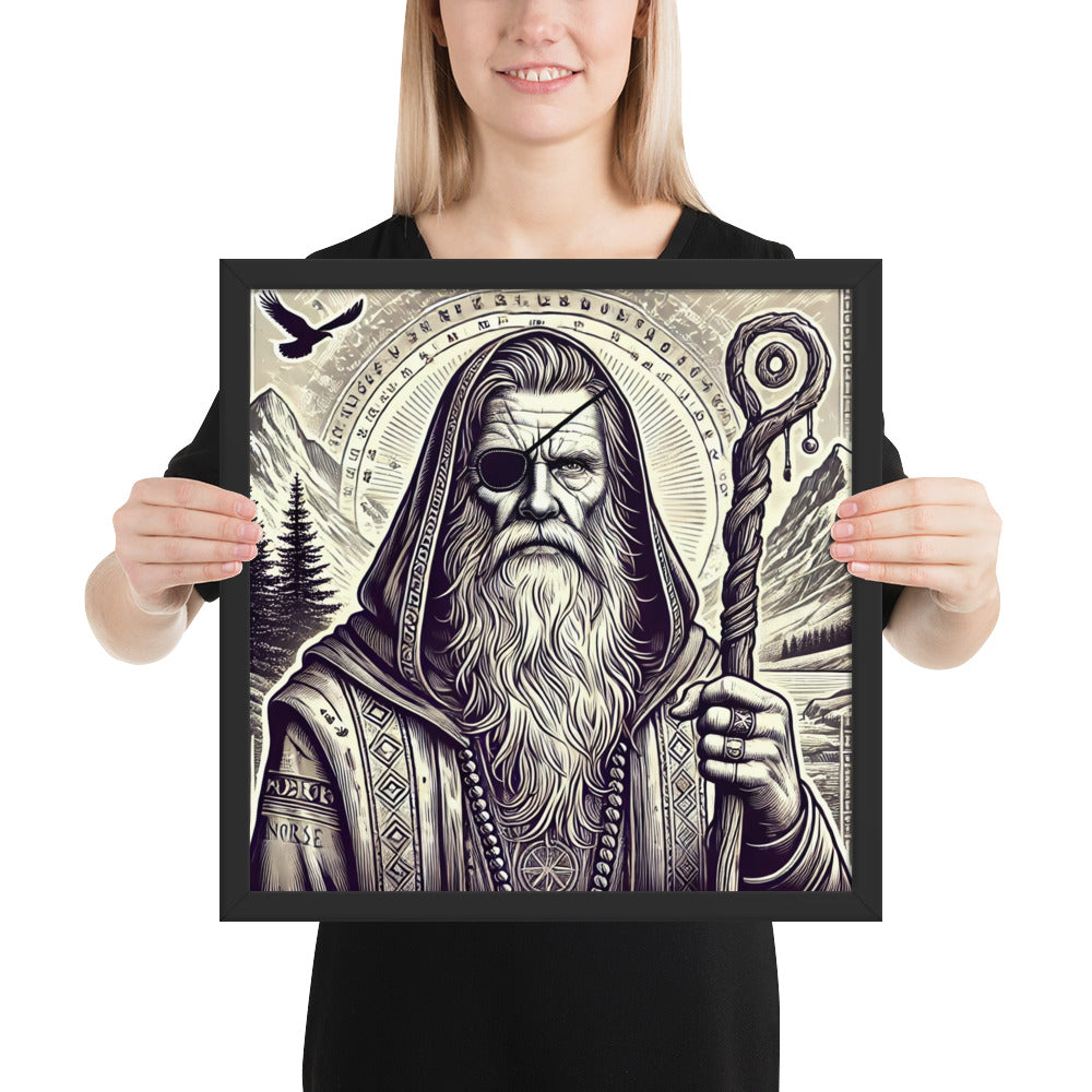 Viking god Odin framed print symbolizing wisdom, sacrifice, and knowledge