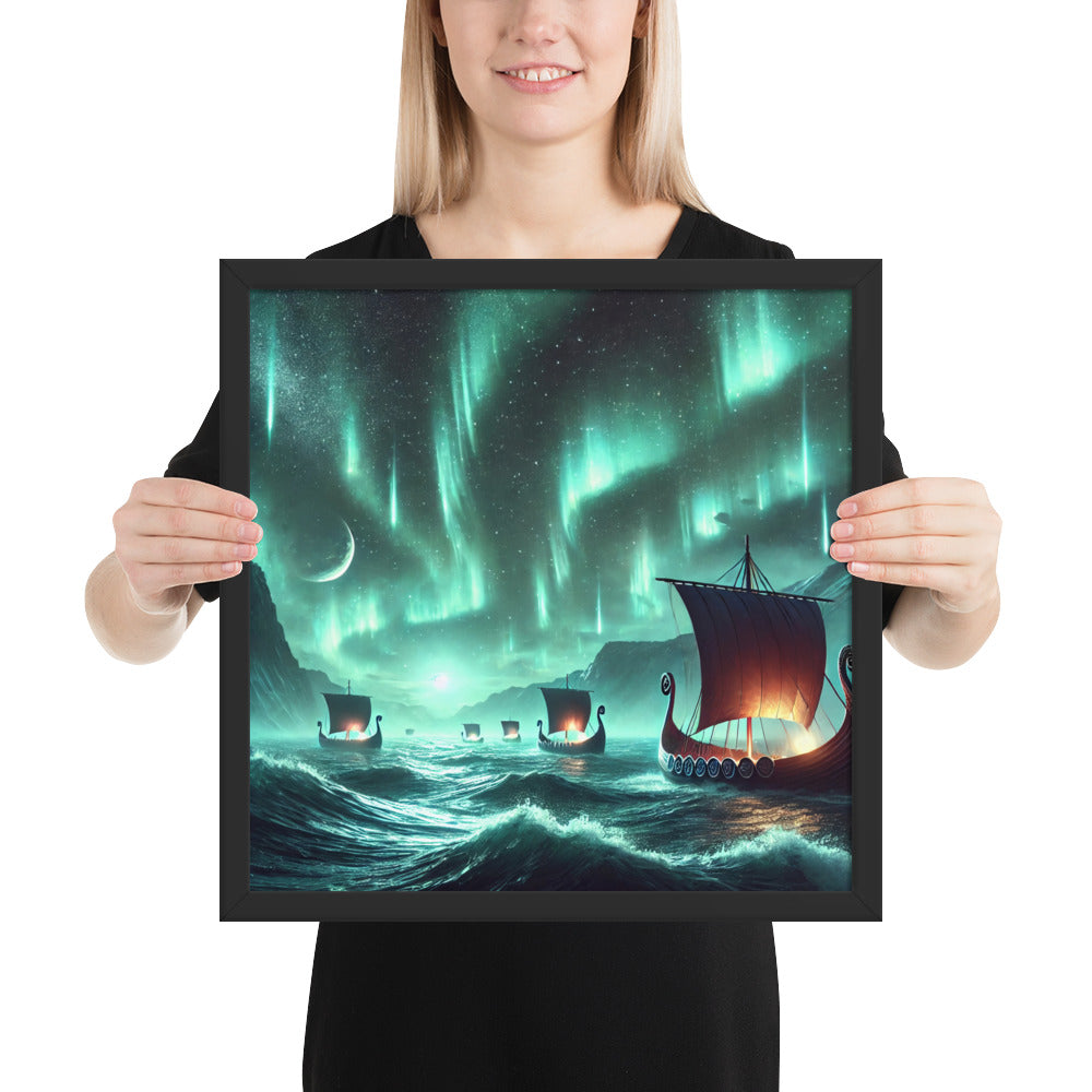 Viking longship art print with northern lights over dark frozen sea
