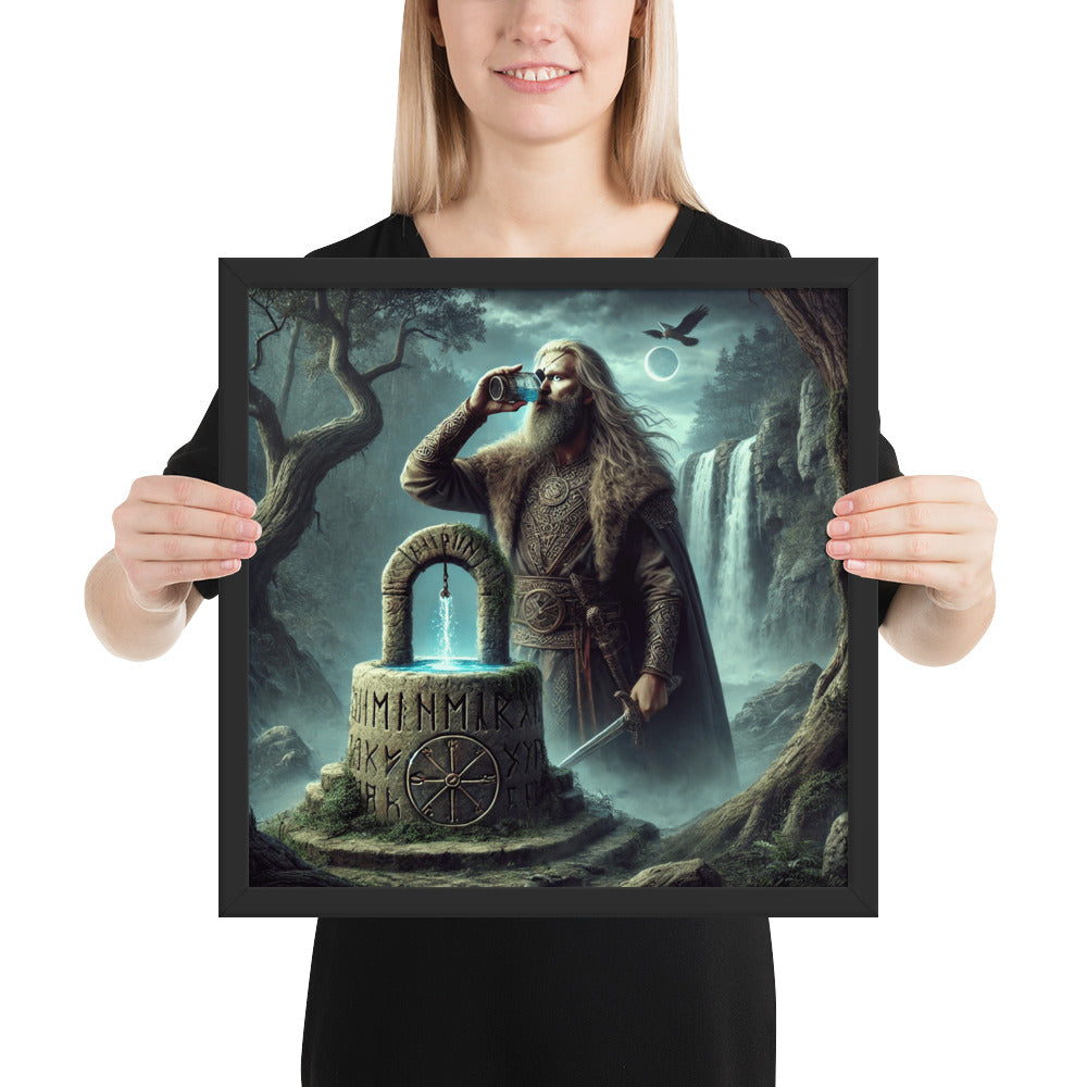 Framed Viking mythology print of Odin sacrificing an eye for knowledge