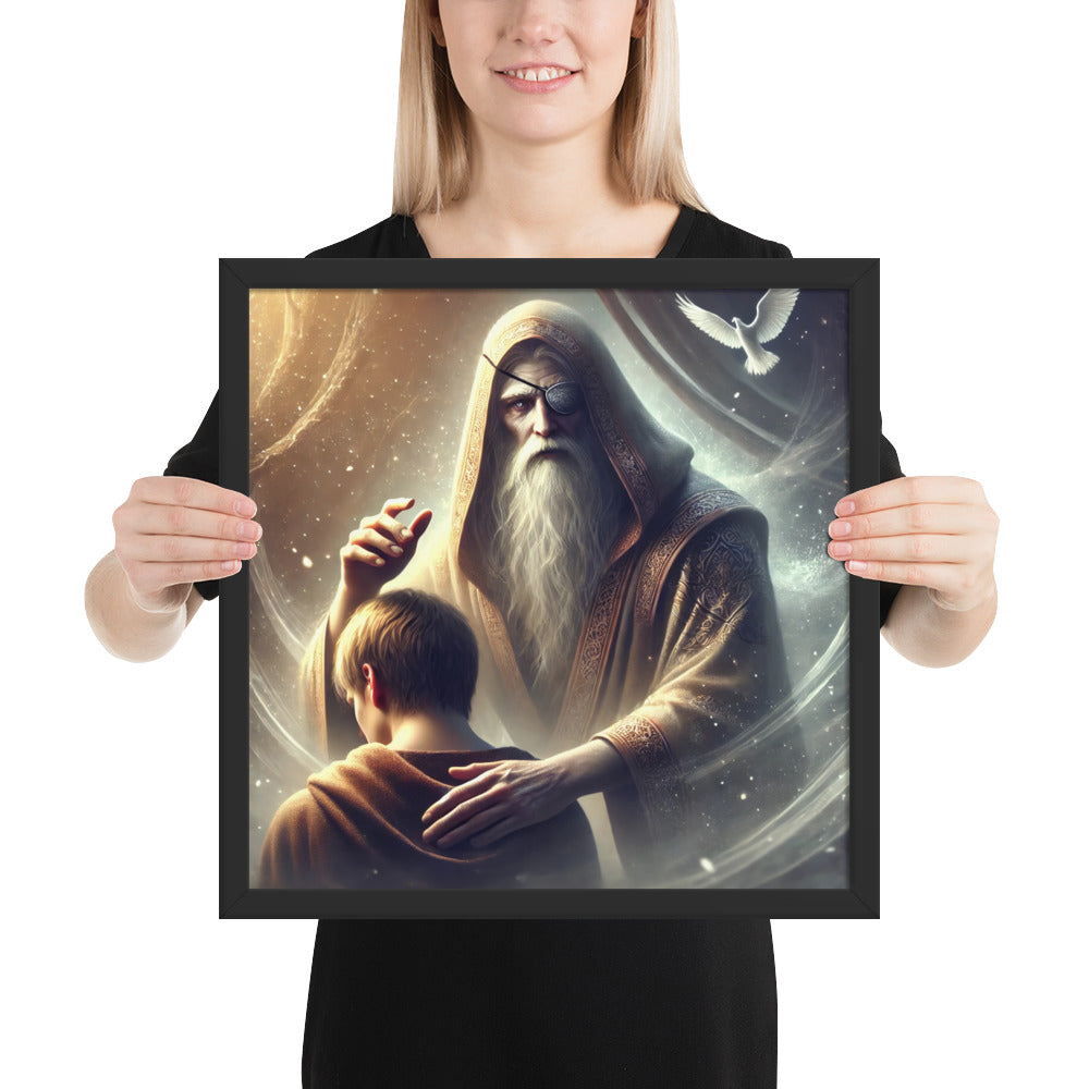 Framed Viking mythology print of Odin at the gates of Valhalla