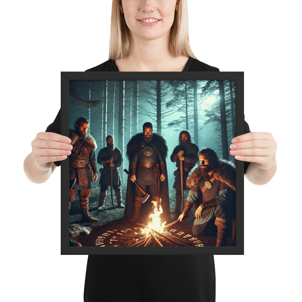Viking sacred rites art print featuring runes, firelight, and warrior circle