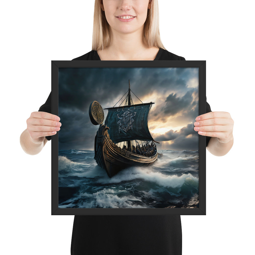 Viking longship framed print depicting warriors sailing into storm