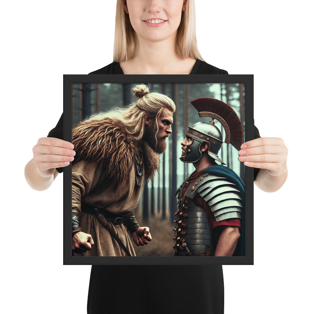 Roman Empire versus Germanic tribes artwork set in forest battlefield