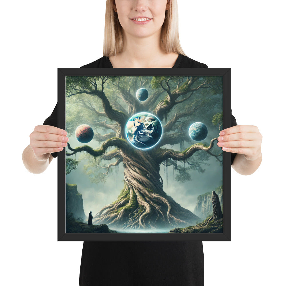 Framed Viking mythology print of Yggdrasil with roots and branches