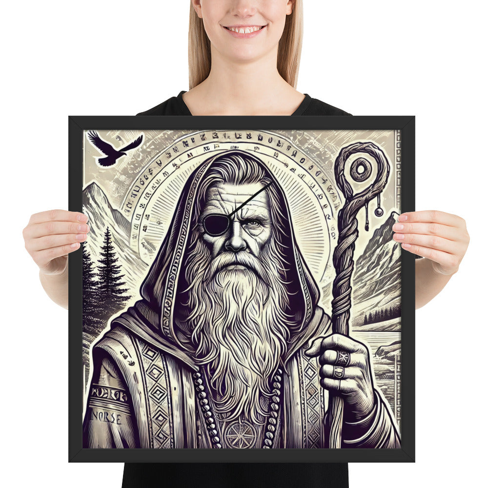 Norse mythology artwork showing Odin with staff, beard, and single eye
