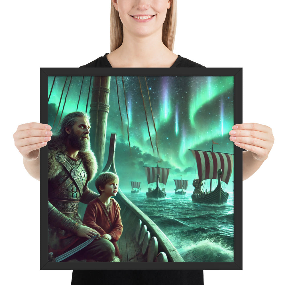 Norse mythology artwork depicting Viking mentor and apprentice under aurora borealis