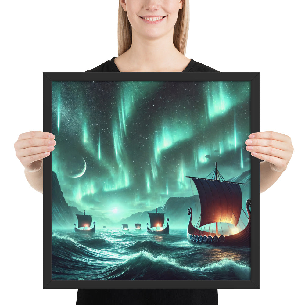 Norse mythology artwork depicting Viking ships under glowing aurora sky