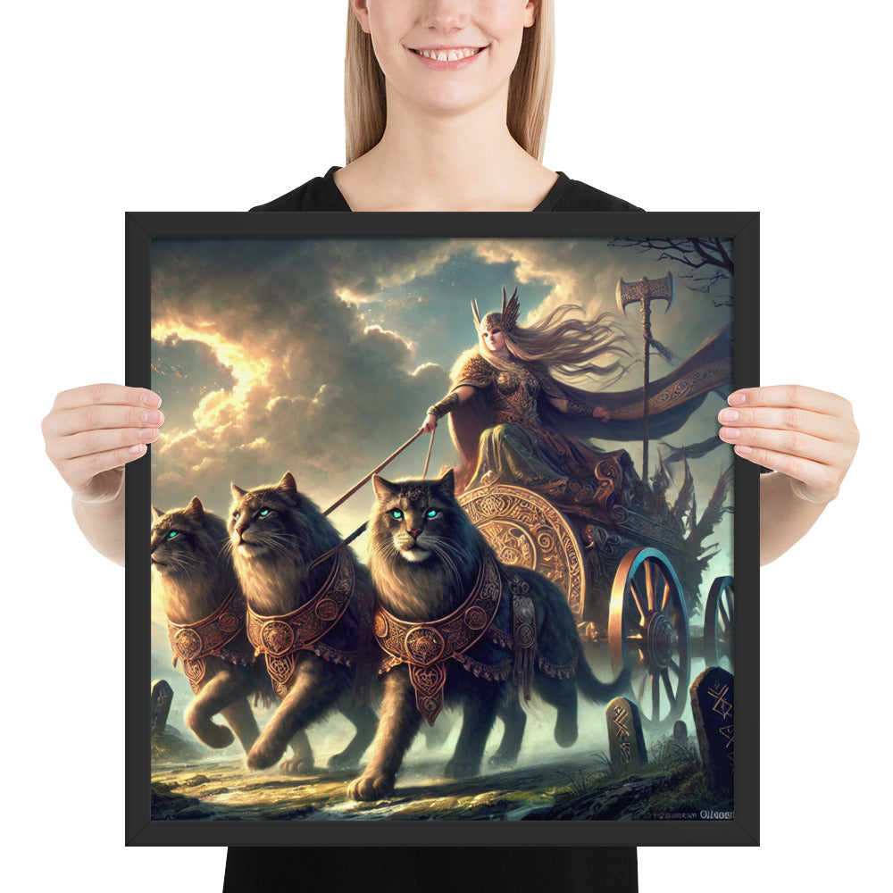 Norse mythology artwork showing Freya with her legendary cat-drawn chariot