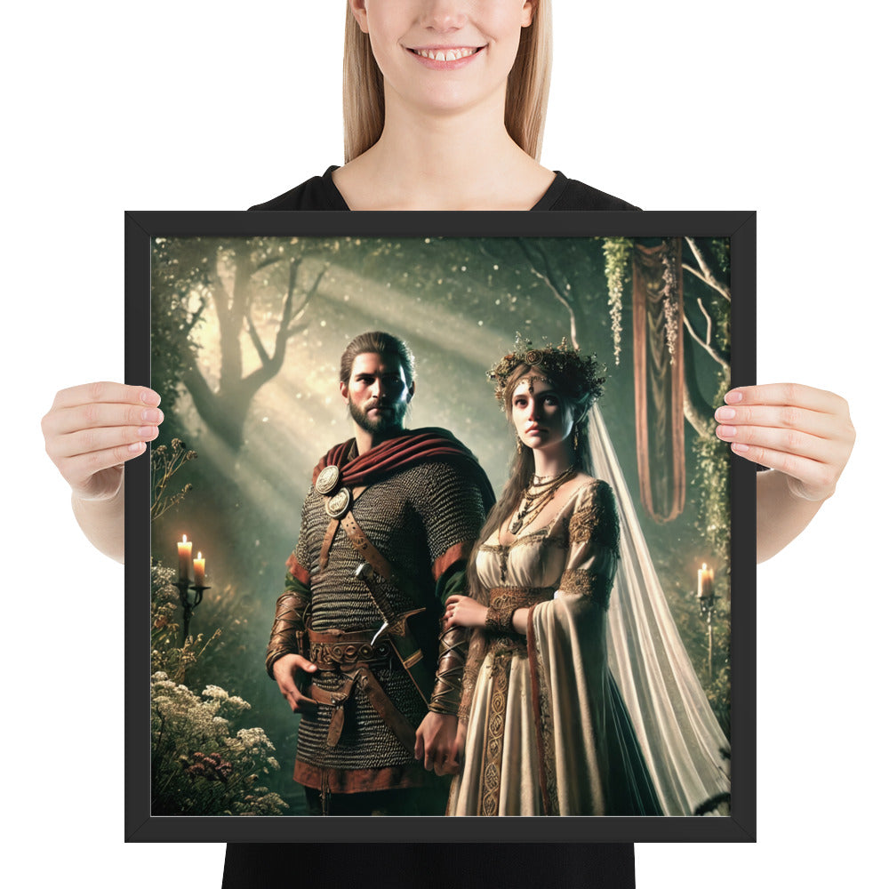 Norse mythology wedding wall art showing a couple in a forest handfasting ritual