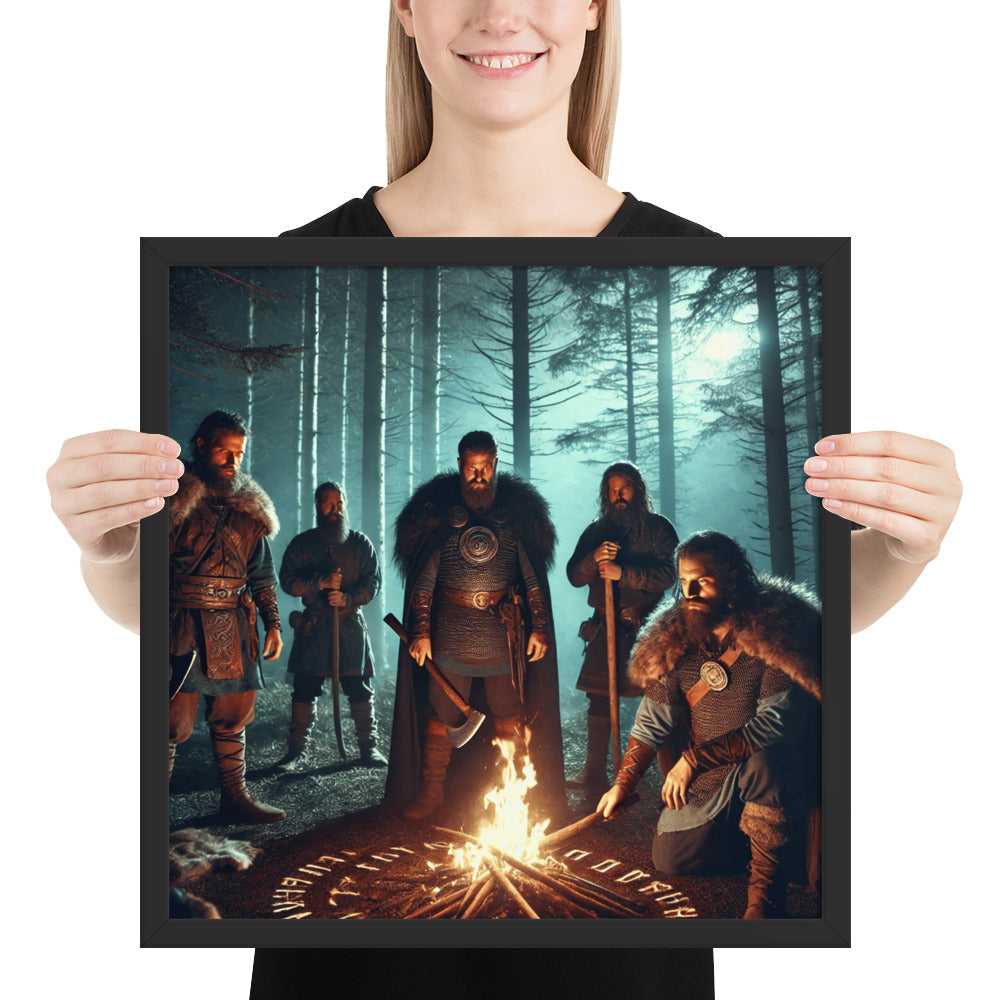 Norse mythology artwork depicting ancient rune ceremony in forest at night