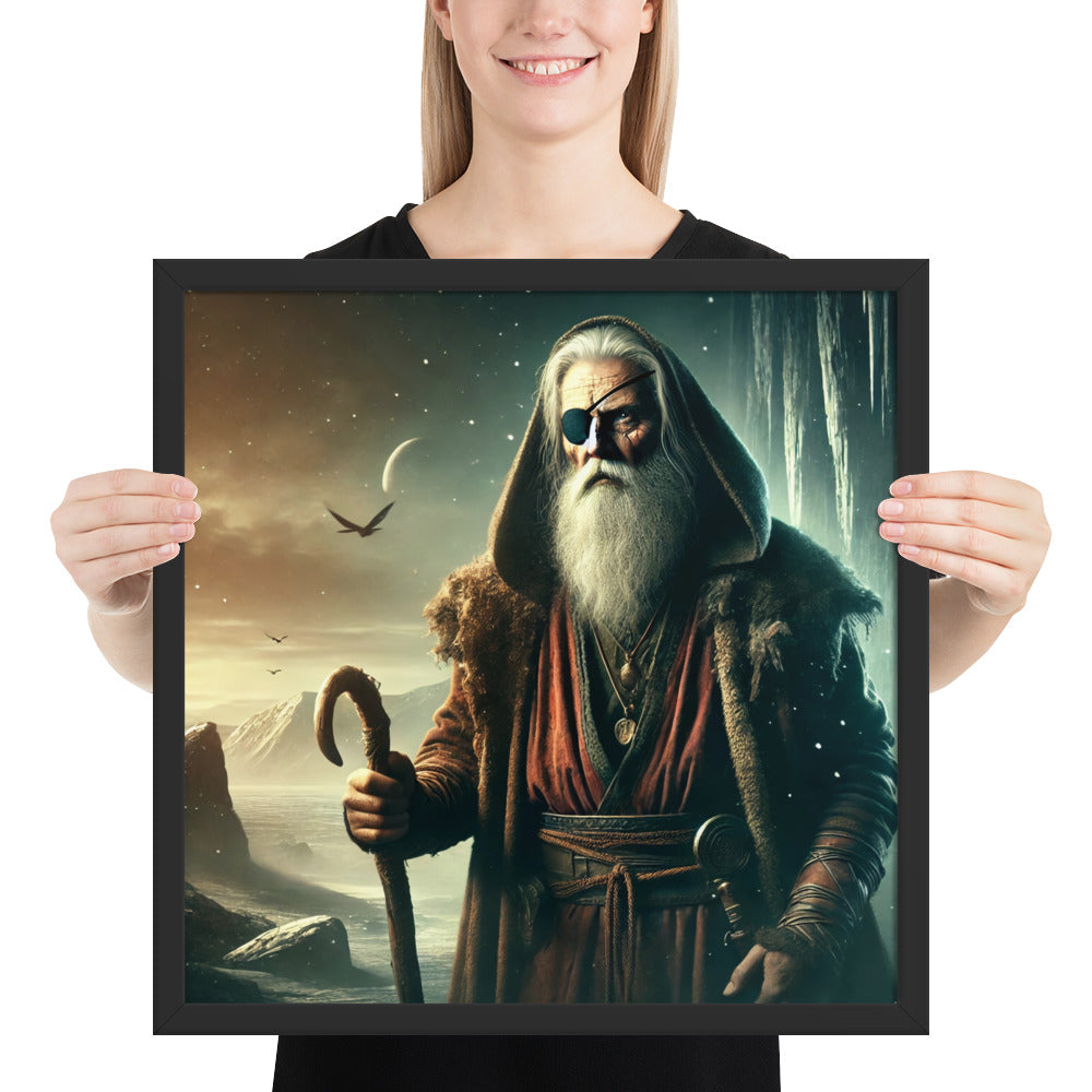 Norse mythology artwork showing Odin as a lone wanderer with staff and ravens
