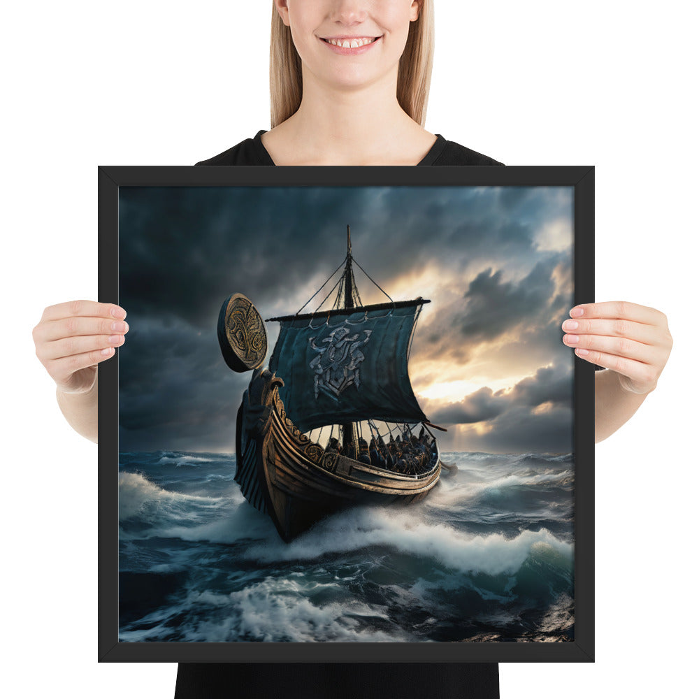 Norse naval warfare artwork showing Viking ship in heavy waves