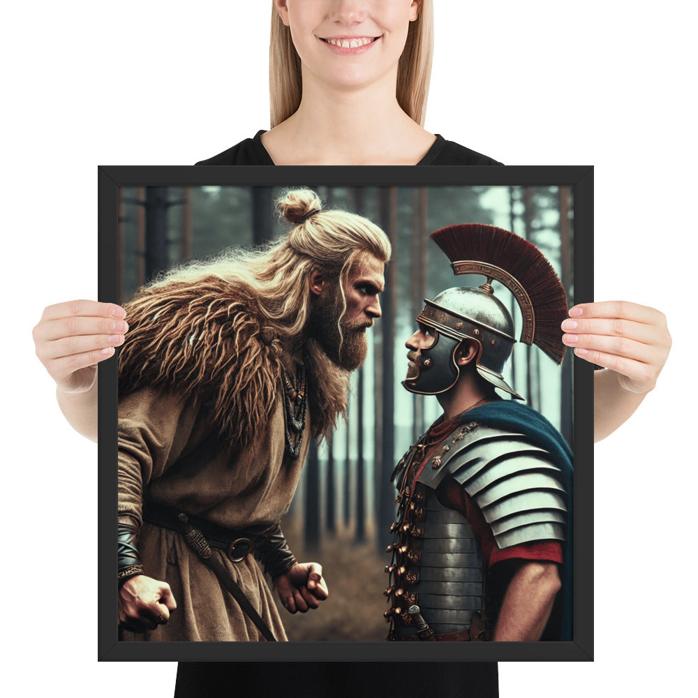 Ancient history wall art showing Germanic fighter facing Roman legionary