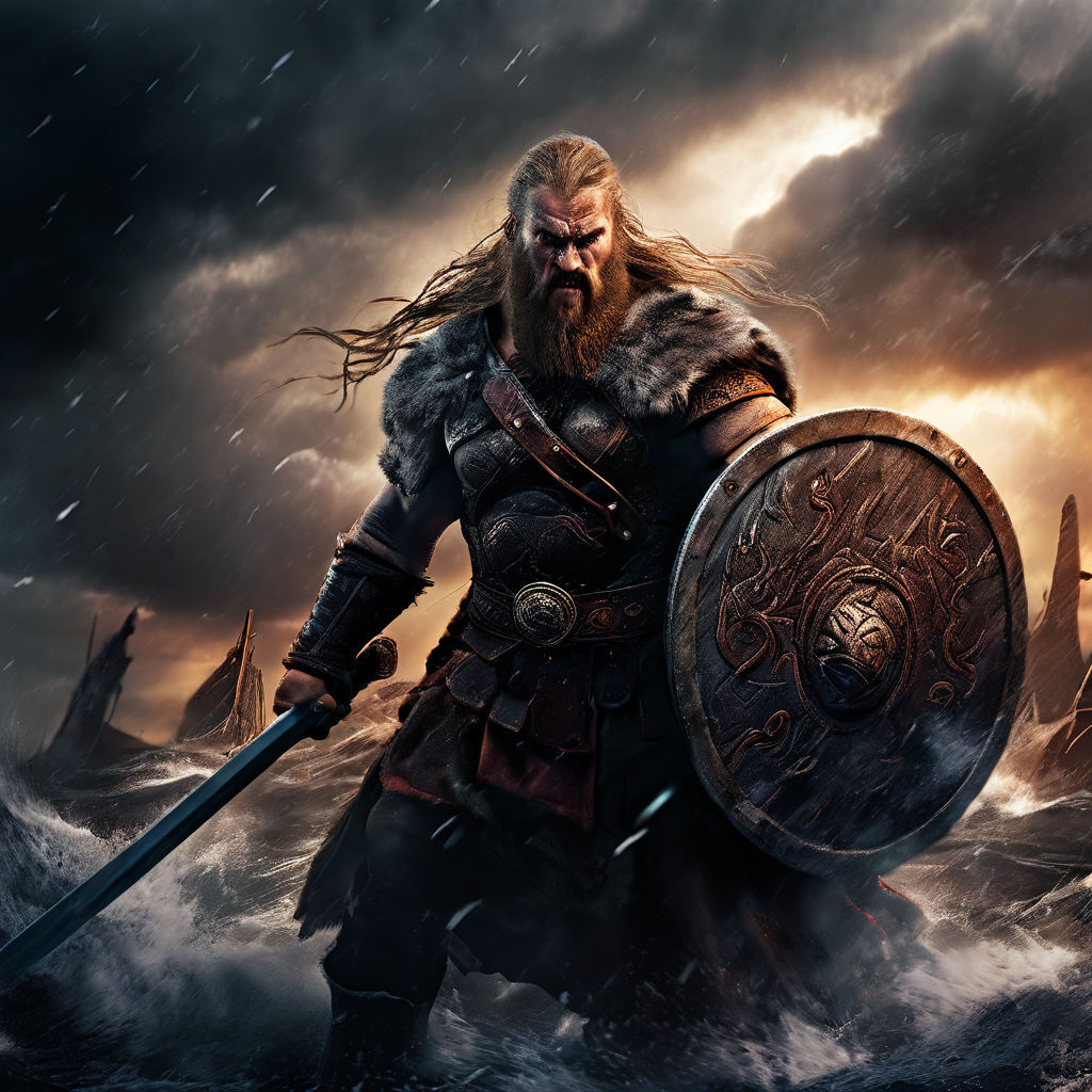 Framed Norse berserker wall art depicting a warrior advancing through a storm