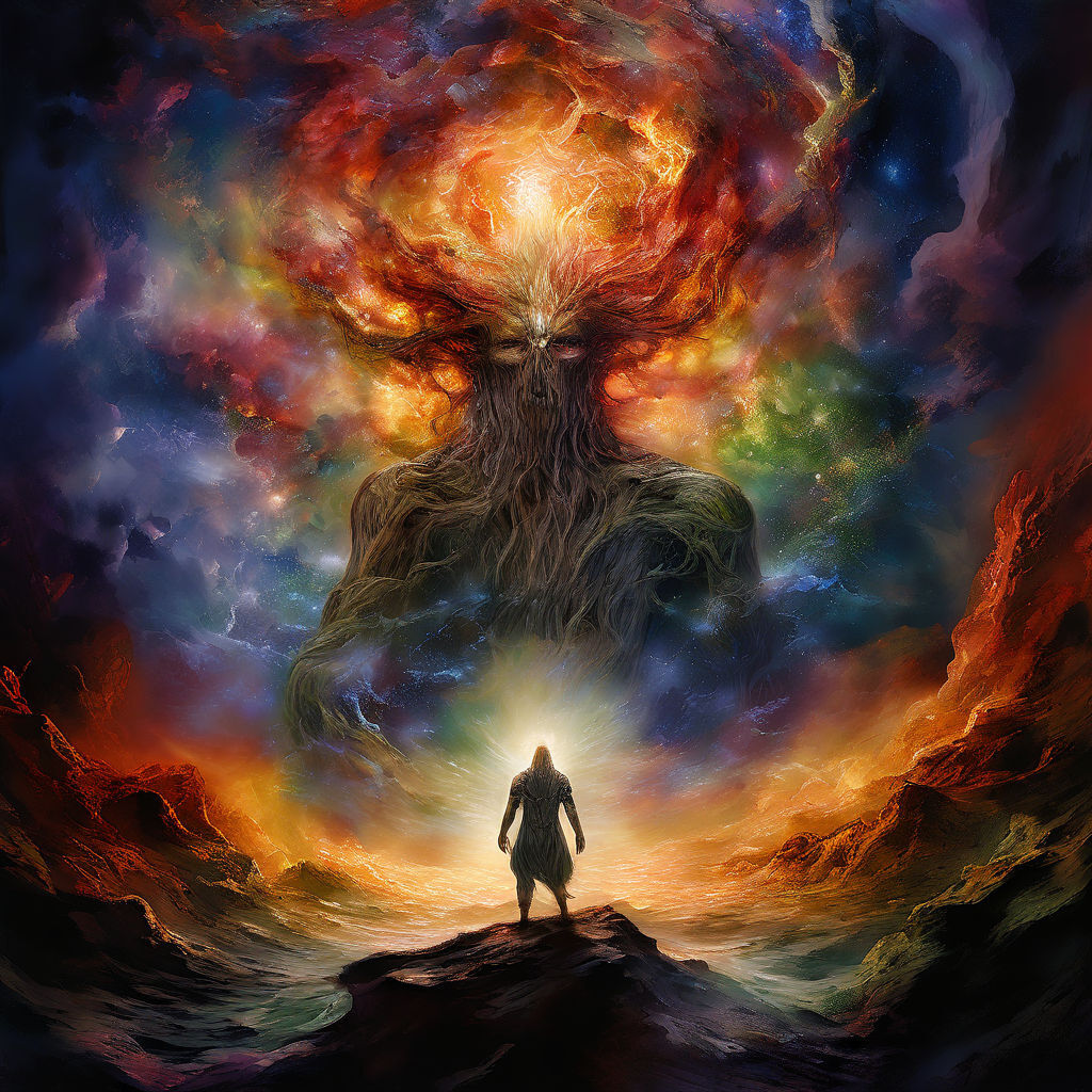 Framed Norse mythology wall art depicting Ymir emerging from Ginnungagap